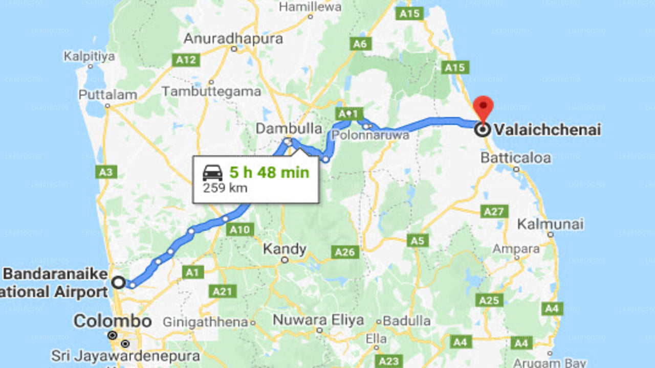 Colombo Airport (CMB) to Valaichenai City Private Transfer