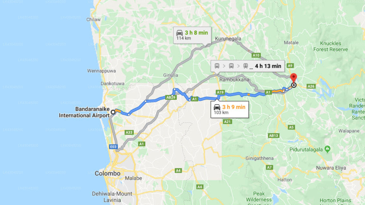 Transfer between Colombo Airport (CMB) and House On The Rock, Kandy