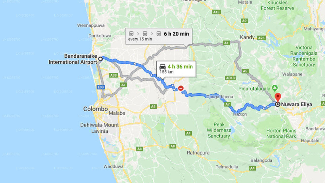 Transfer between Colombo Airport (CMB) and Ashley Resorts, Nuwara Eliya