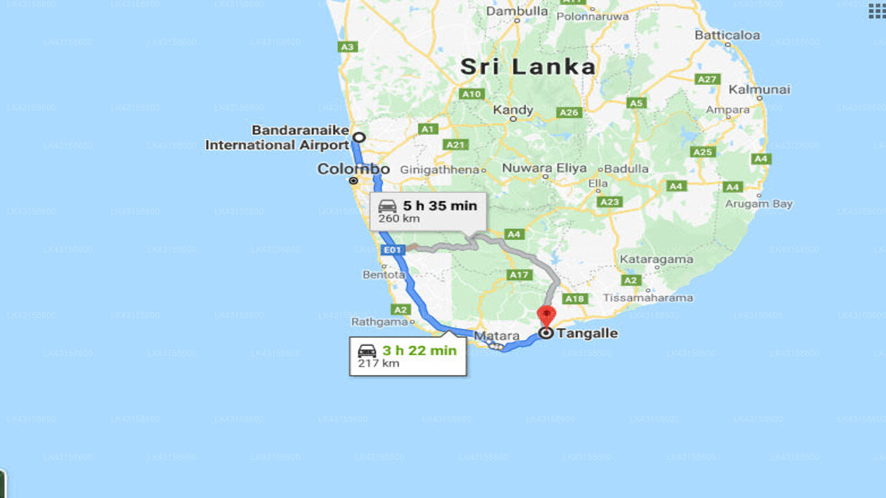Transfer between Colombo Airport (CMB) and Rekawa Beach House, Tangalle