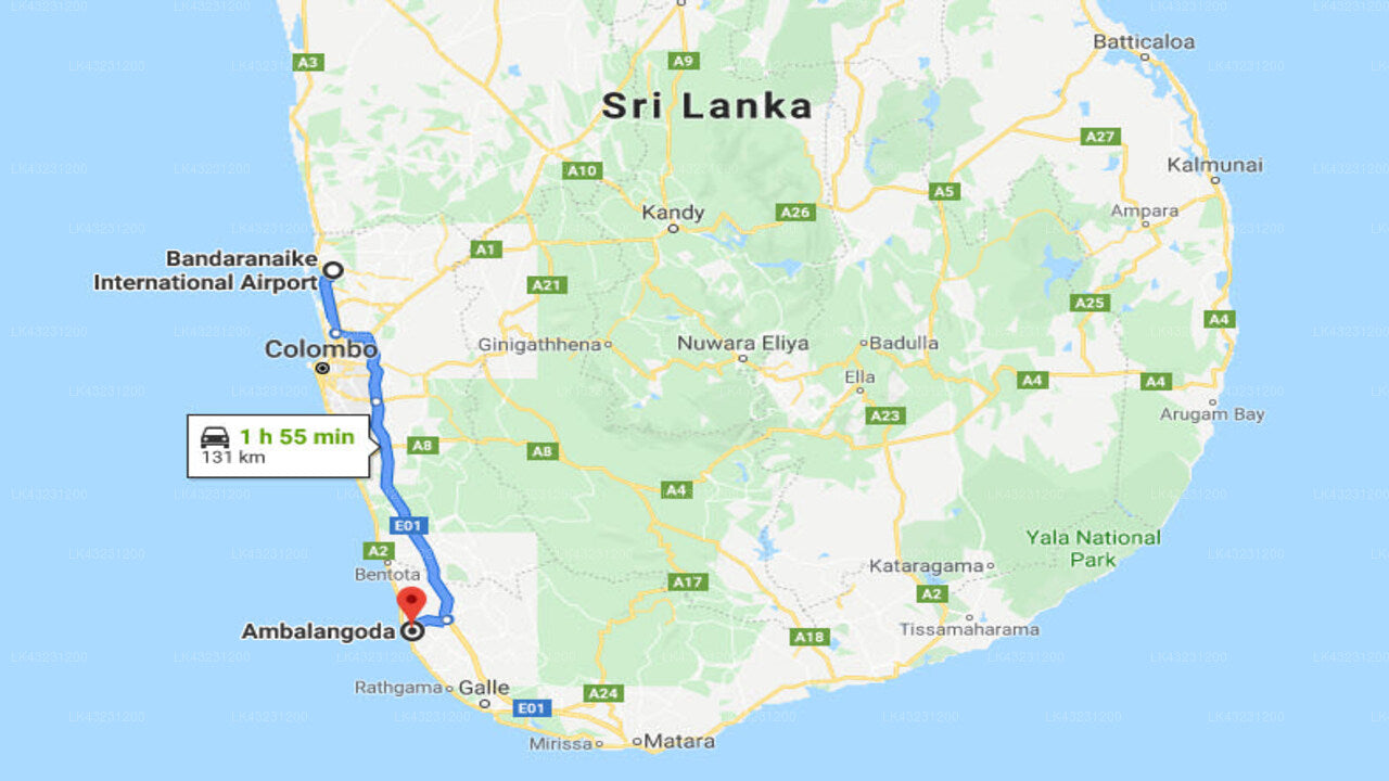 Transfer between Colombo Airport (CMB) and Ramon Beach Resort, Ambalangoda