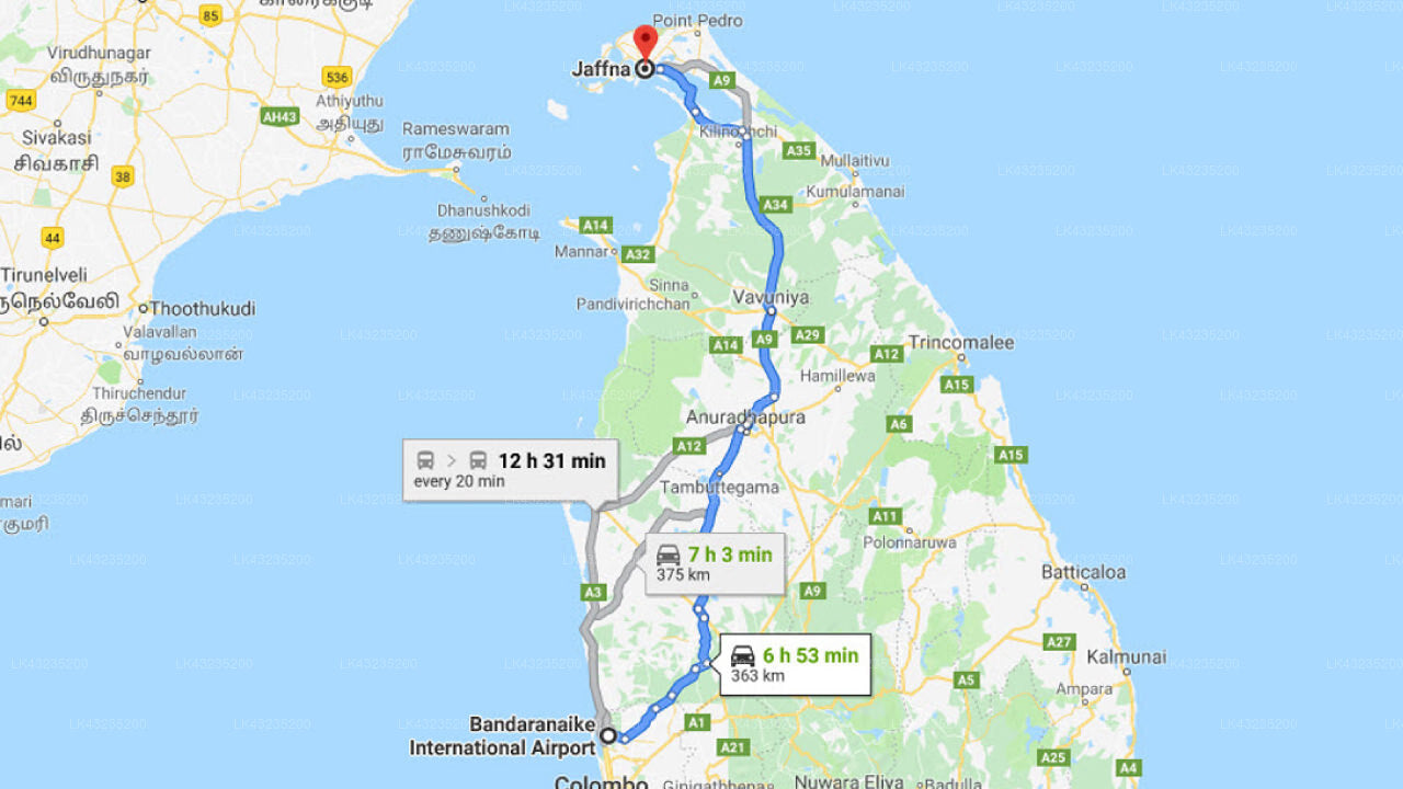 Transfer between Colombo Airport (CMB) and Northgate By Jetwing, Jaffna